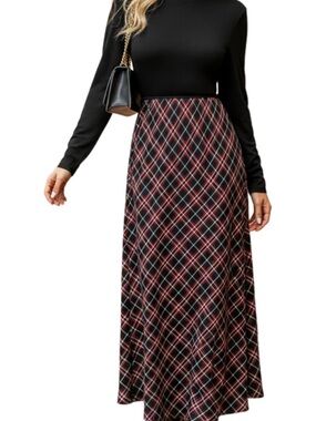 Cupshe Black Long-Sleeve Dress with Red & White Plaid Skirt